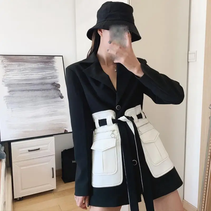 Elegant Women Blazer Coat Notched Patchwork Long Sleeve Suit Jacket Belt Female Fashion Slim Blazer Jacket Ol Style Blazer