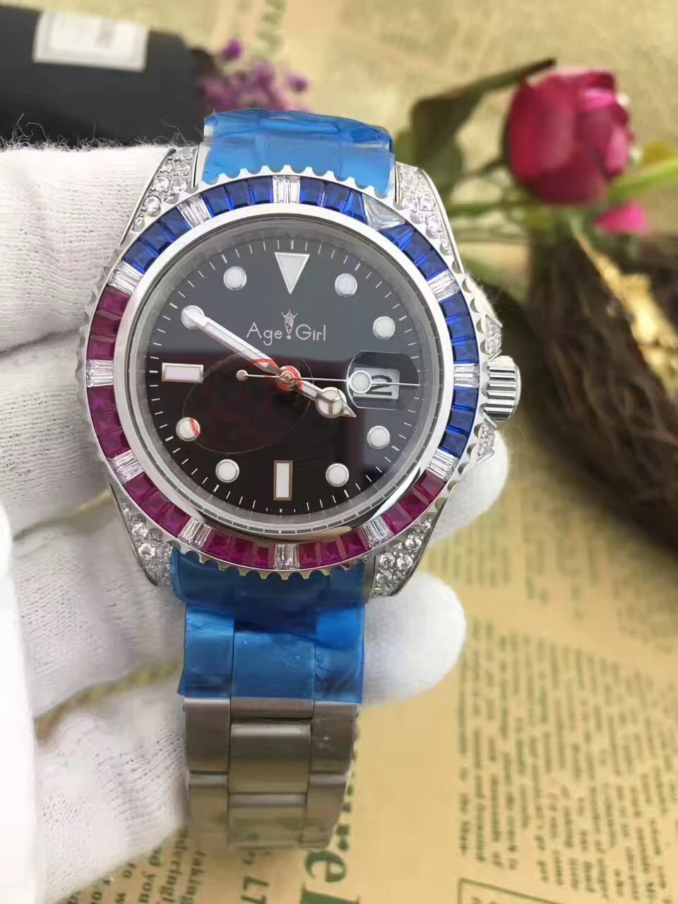 

LuxuryNew Brand Men Automatic Mechanical Watches Rainbow Diamonds Stainless Steel Gold Black Blue Green Classic Gent Watch GMT