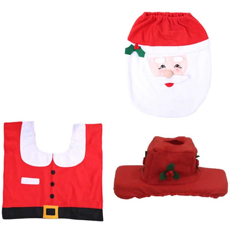 3Pcs/Set Christmas Decorations Bathroom Santa Claus Toilet Foot Pad Seat Cover Cap Set Toilet Rug Home Bathroom Accessory
