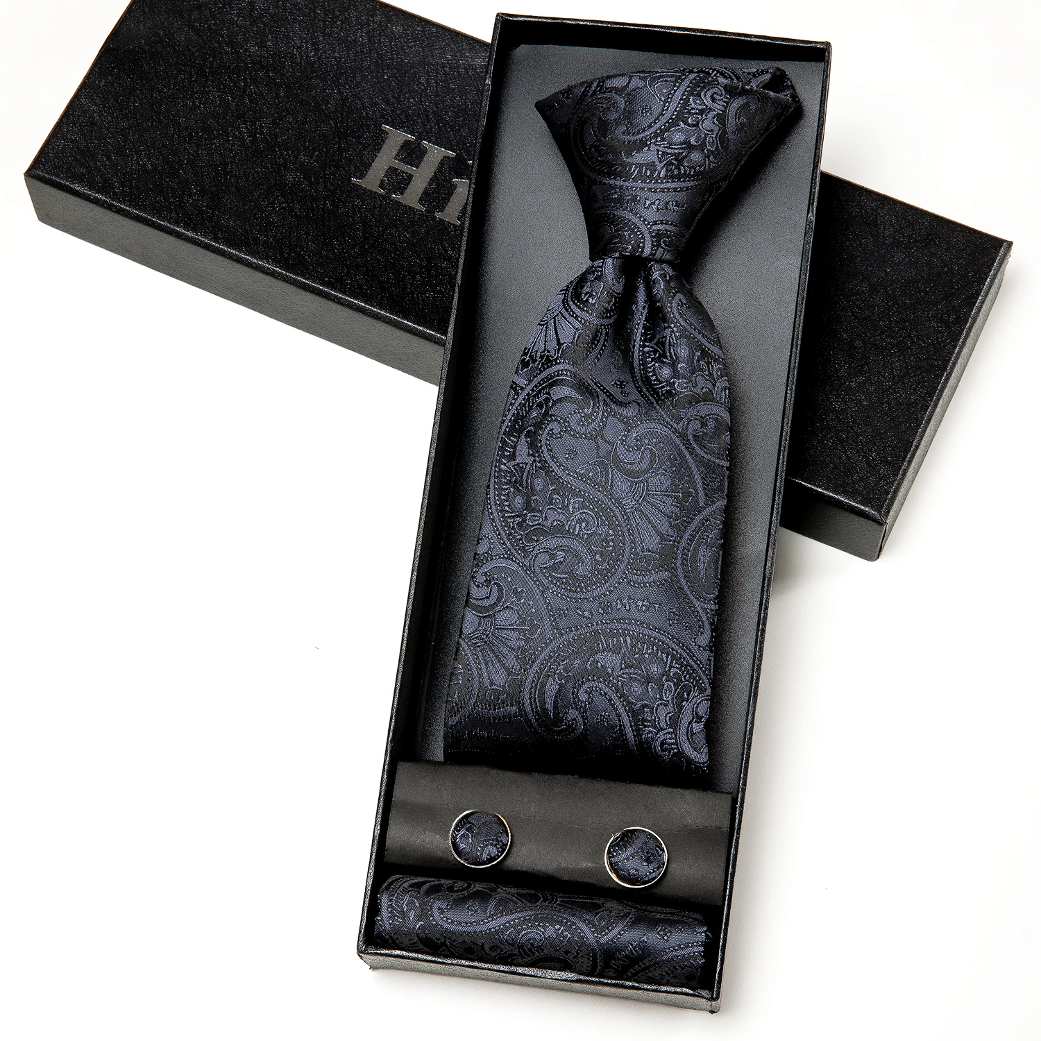 

Hi-Tie Necktie For Men Black Paisley Classic Luxury Men's Tie Set Silk Fashion Gift For Men Hanky Cufflinks Set High Quality