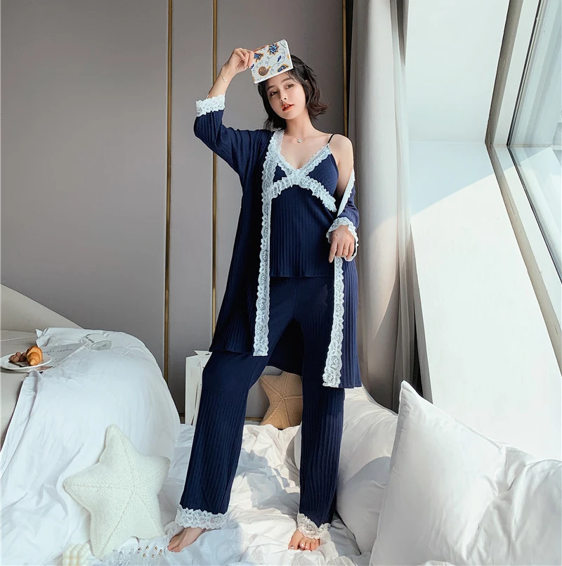 Розовая Женская кружевная Домашняя одежда пижамы с v образным вырезом 3 шт. топ на