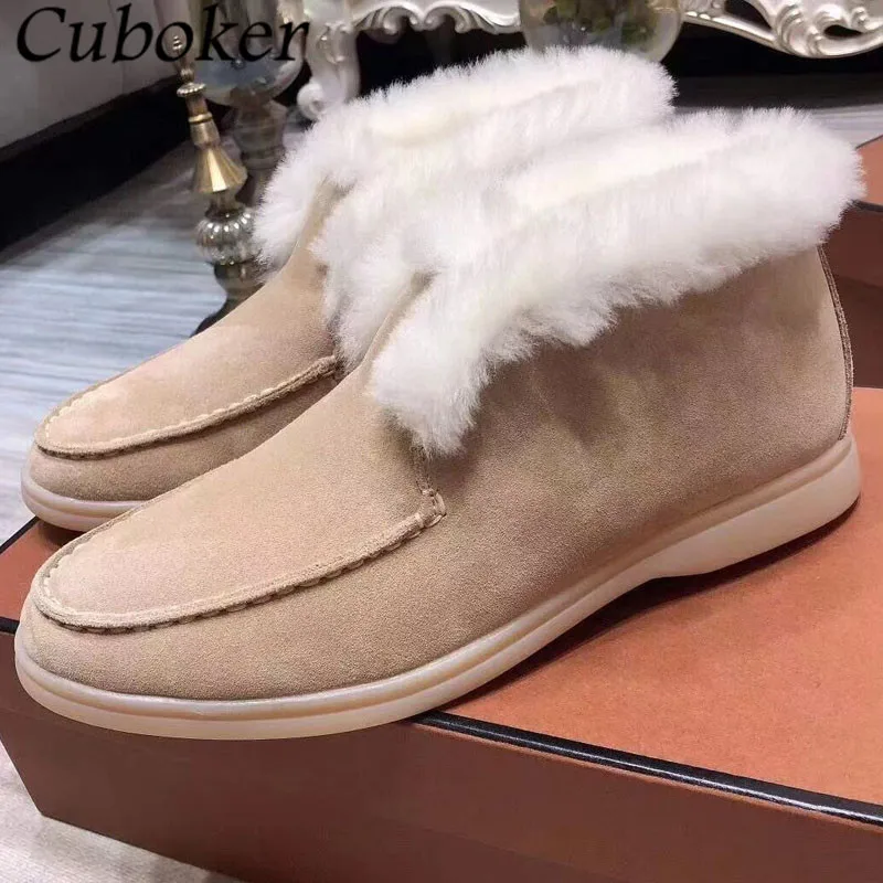 

Winter Warm Snow Boots Women Round Toe Kid Suede With Wool Fur Brand Designer Colorful Flat Causal Short Boots For Women 2021