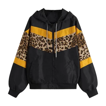 

2019 autumn Womens Long Sleeve Leopard Thin Skin Suits Hooded Zip Stitching Outwear Coat OL Style Loose fashion Workwear Casual