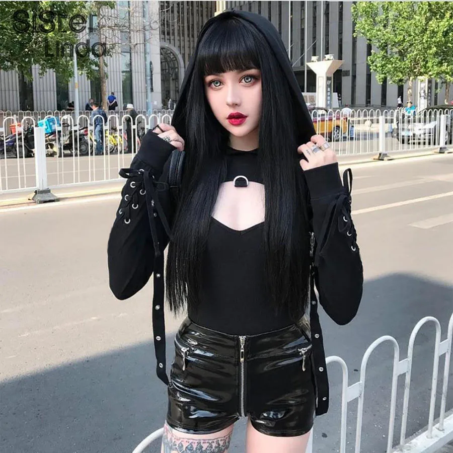 Sisterlinda/осенне-зимняя Толстовка Женская повязка с лентами, пуловеры, толстовки, укороченные с длинным рукавом, топ, спортивный костюм с капюшоном