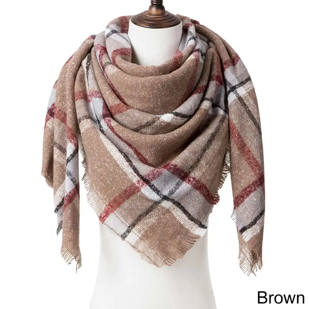 brown plaid Женский зимний шарф для женщин клетчатые теплые зимние шарфы Женские Треугольные кашемировые шарфы женский носовой платок бандана одеяло - Цвет: brown plaid