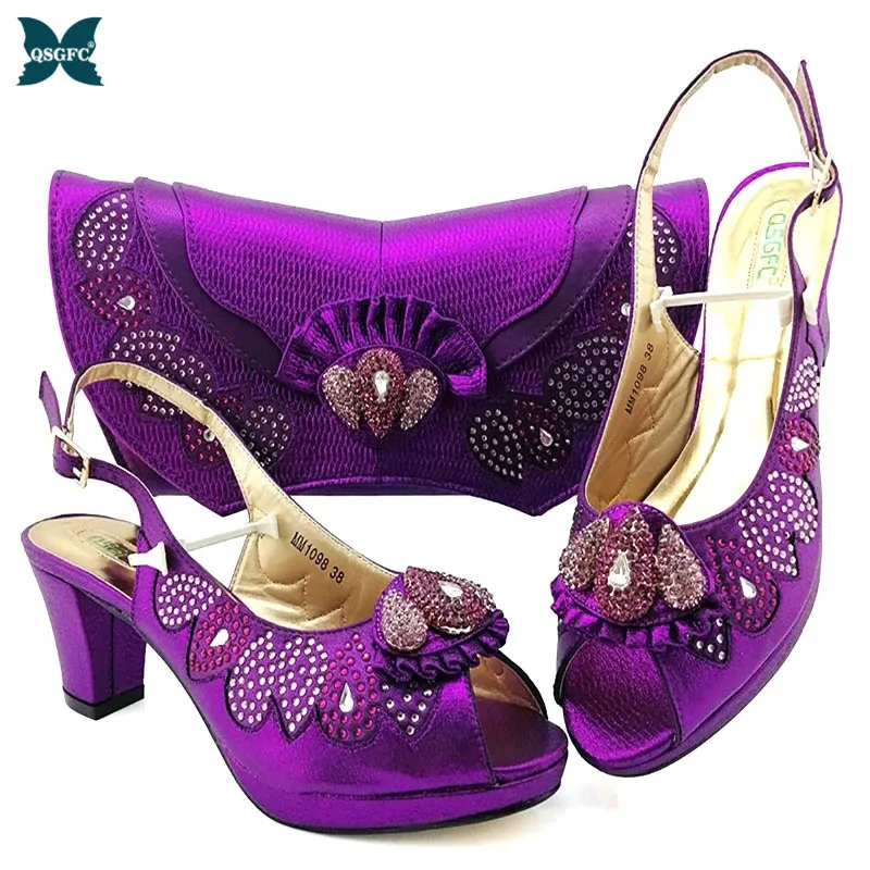 

2020 Decorated With Rhinestone Ladies Shoes and Bag Set Italian Design Matching Shoes And Bag Set in Purple Color for Party