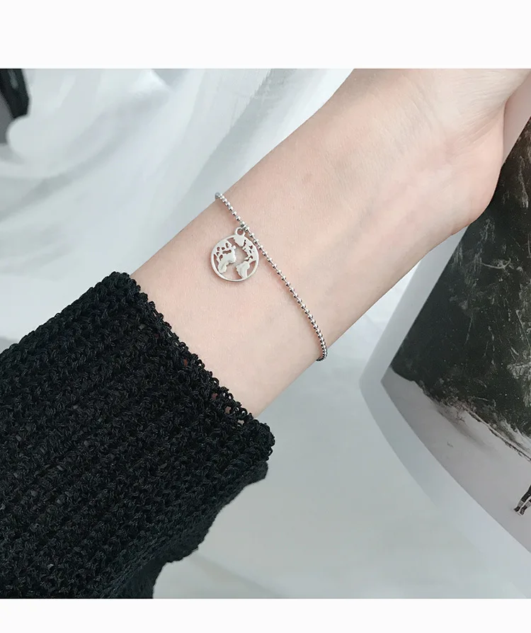 Ruifan Round World Map Bead Chain 925 Sterling Silver Bracelets for Women Girls Korean INS Fashion Jewelry Accesories YBR164