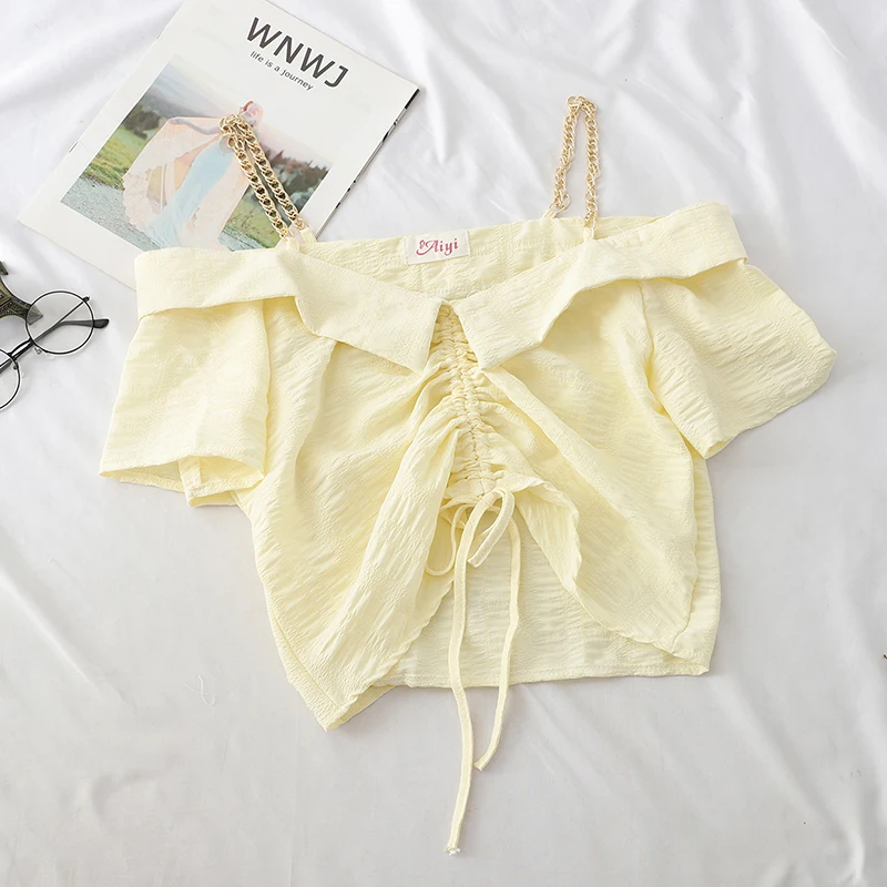 Heliar летняя Джокер с тонкими лямками одно слово воротник открытый плечо Drawstring рубашка с поясом с коротким рукавом и оборками Женская короткая рубашка