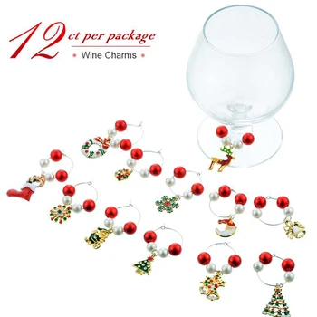 

12PCS/Lot Christmas Red And White Acrylic Beads Zinc Alloy Pendants Wine Glass Marker Home Christmas Party Decoration