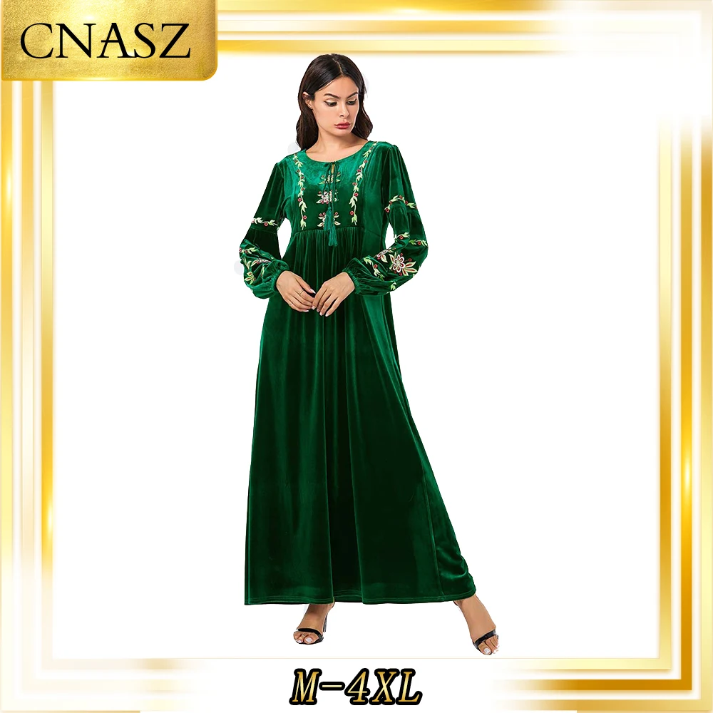 9084 мусульманское платье caftan marocain модное платье большого размера abaya femme с вышивкой зеленого растения мусульманское повседневное свободное платье