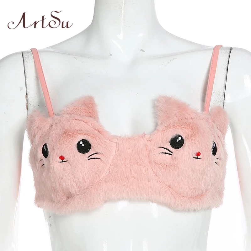 Pink ArtSu осенняя одежда милый короткий кошачий Топ пушистый розовый укороченный сексуальный фланелевый Cami нижнее белье для женщин Клубная одежда топы ASVE60428 - Color: Pink