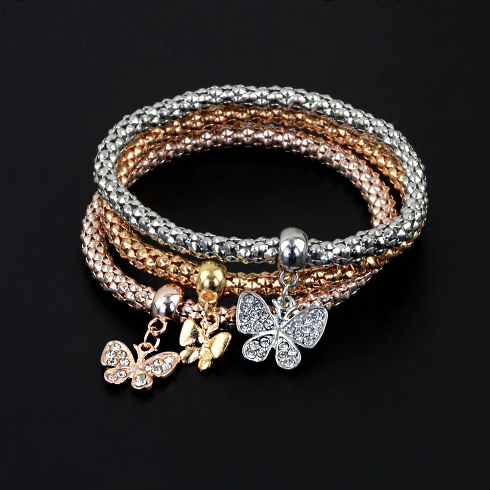 3 шт./компл. Для женщин, ювелирное изделие, металлическое, надпись "Кукуруза" Любовь Стразы Бабочка Сова Примечание череп Форма эластичность кулон "кошачьего глаза браслеты