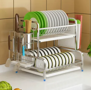 

Stainless Steel Kitchen Dish Rack Drain Rack To Dry Dishes Bowls Drain Cupboard Double Storage Box Shelf Basket Dish