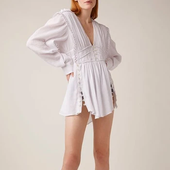 

Long Sleeve Deep V Neck Full Blouse Women Girdle Waist Vintage White Lady Shirts Tops