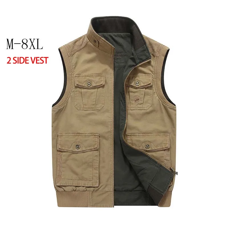 

High Quality Double Side Vest Denim Men Casual Vest With Many Pocket Colete Sleeveless Jacket Military Waistcoat Plus Size 9XL