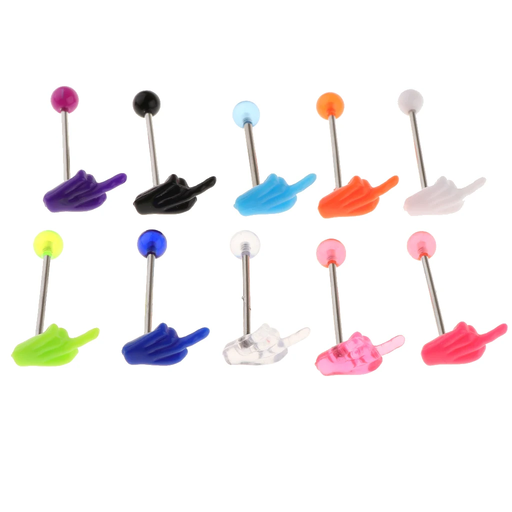 10Pcs 14g Tongue Barbell Labret Ring Ear Tragus Stud Earrings Piercing Jewelry - Middle Finger