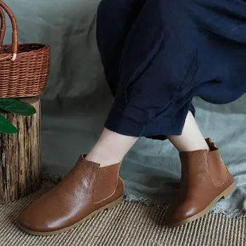 

Handmade Leather Chelsea Boots For Women Soft Ankle Boots Retro Round Toe Short Boots For Fall And Winter Coffee/Brown/Off White