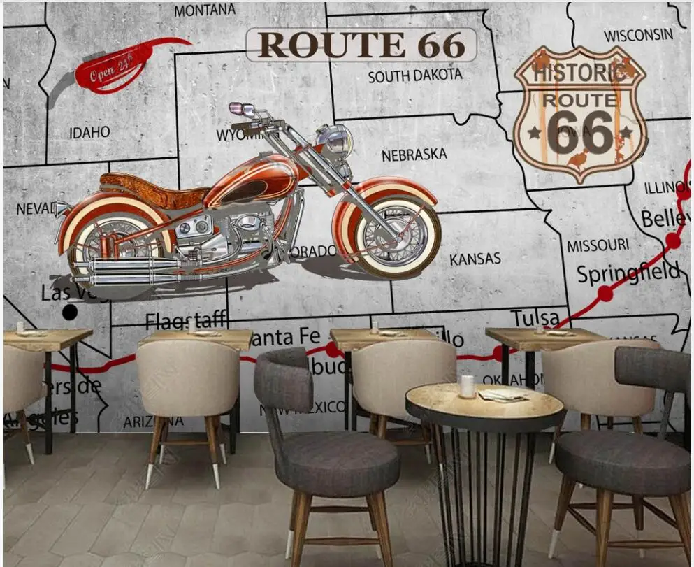 

3d photo wallpaper Route 66 Motorcycle Cement Wall Bar custom mural home decor wallpapers for living room on the Wall sticker