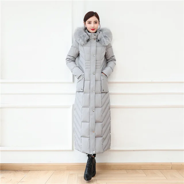 S- 4XL plus size Winter over the knee X-long 90% Duck down coat female X-Long thick warm Down Jacket real fox fur Parkas F442