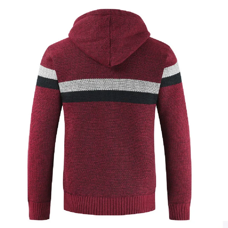 SFIT Mens Slim Fit Stand Collar Zipper Striped Hooded Streetwear Warm Knitwear Long Sleeve Knitted Hoodie Sweater Jacket Coats