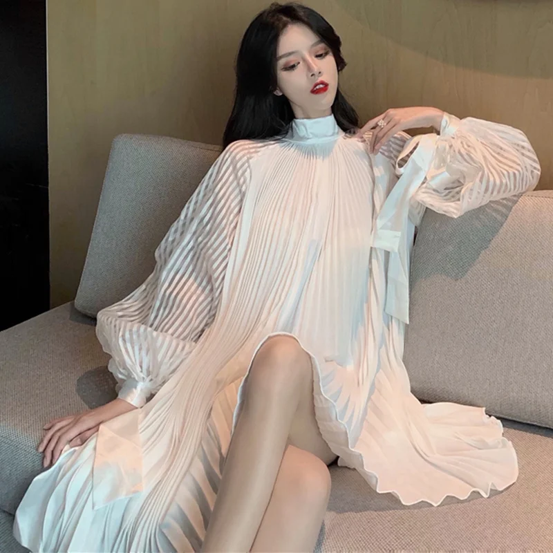 

Vintage Palace Style Stand Collar Lantern Sleeve Dress Women Spring Autumn Ladies Cute A-Line Pleated White Dress Plus Size