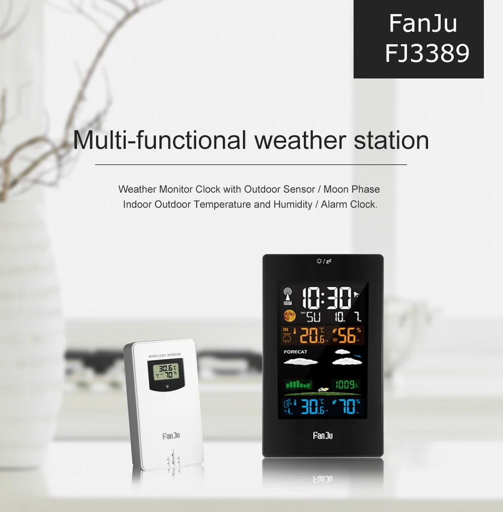 FanJu FJ3389 ЕС Plug настольные часы метеостанция Цифровой термометр гигрометр беспроводной датчик ЖК-дисплей календарь дисплей