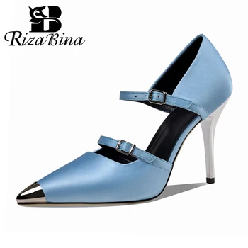 

RIZABINA Women Pumps Real Leather Thin High Heels Patchwork Pointed Toe Shoes Women Buckle Party Ladies Footwear Size 33-43