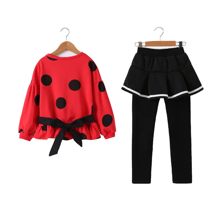 

New Girl Clothes Set Spring Shirt+pants 2 Pieces Suit for Girls Dot Print Sweatshirt Skirt Leggings Children Clothing Outfit