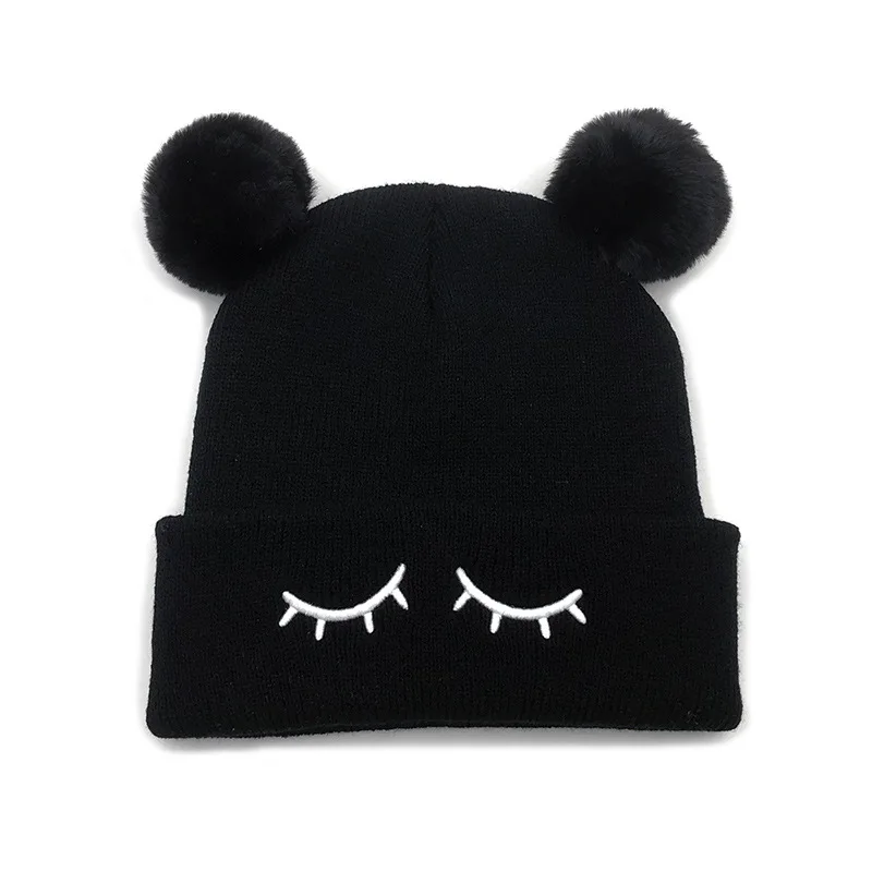 Зимние шапки для детей skullies beanies Младенческая теплая вязаная шапка шапочка для девочки шапочка для мальчика Шаблон ресниц вышивка унисекс - Цвет: Черный