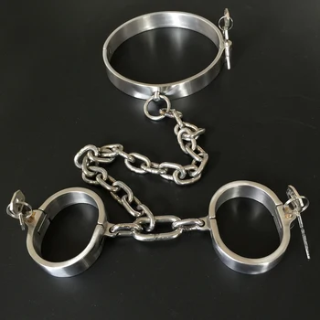 BDSM Steel Bondage Neck Collar Fetish Sex Toys For Women Man Handcuff Erotic Femdom Slave Collars Restraints Hand Wrist Cuffs