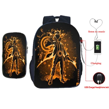 

Popular Naruto USB Backpack Students Sasuke School Bag Boys Girls Kakashi Bookbag Kids Rucksack Gift (2pcs Set/backpack pen Bag)
