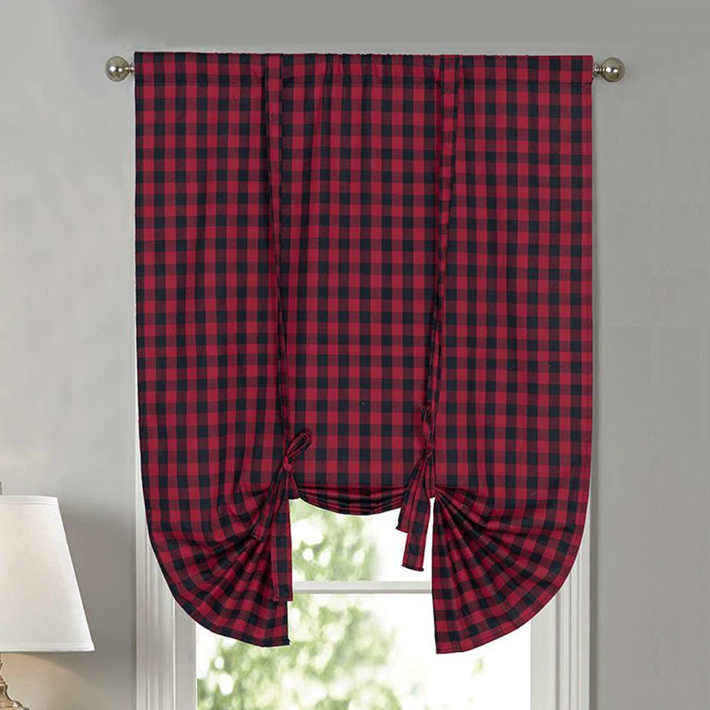 Buffalo Check Tie Up Curtains for Windows - Rod Pocket Semi Sheer Light Reducing Kitchen Valance Curtains, 42 x 63 Inches