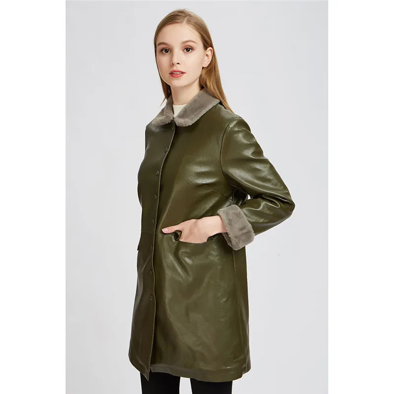 Dark green Пальто из искусственной кожи, черный, красный цвет, большие размеры, свободные топы из искусственной кожи, куртка, Осень-зима, новая модная Толстая термокуртка с отворотом, JD686 - Цвет: Dark green