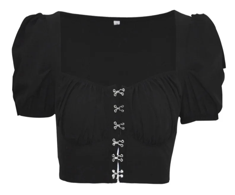 New Arrival Summer Clothes Women Sweet Puff Sleeve White Black Short Top Sexy Deep Square Neck Hollow Out T-Shirt