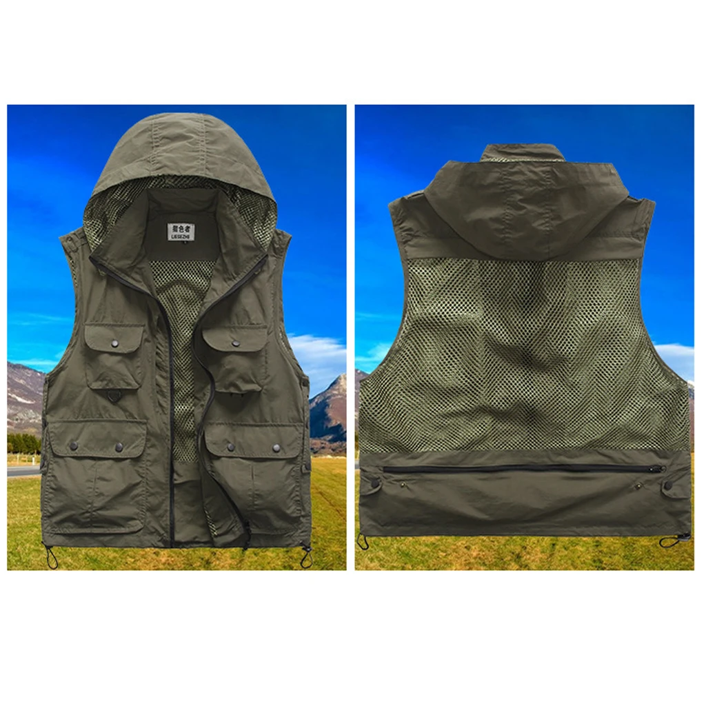 Multi-Pocket Breathable Mesh Vest Detachable Hat Life-Saving Fishing Vest for Fishing Hunting Photography 