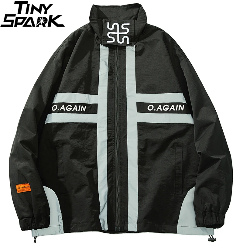 Men Hip Hop Jacket Windbreaker 3M Reflective Stripe Oversize Jacket Coat Embroidery Retro Jacket Streetwear Harajuku Autumn