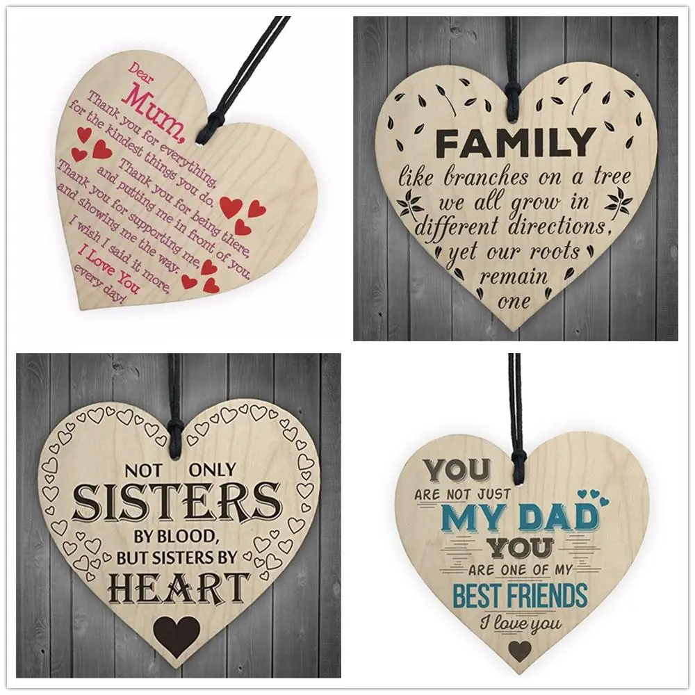 

Family Sisters Dad Mom Wooden Heart-shaped Wood Crafts Christmas Home DIY Tree Decorations Wine Label Small Pendant Accessories