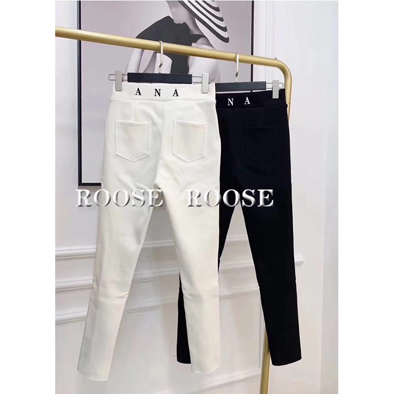 Подиумные дизайнерские высококачественные повседневные Черные белые брюки женские Классные брюки с карманами уличная одежда с высокой талией тонкие эластичные