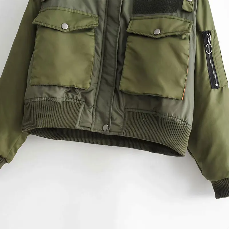 Nlzgmsj Za Women Military Green Moto Biker Bomber Pilot Jacket Cropped Top Long Sleeve Female Oversized Coat Outerwear Chaquetas