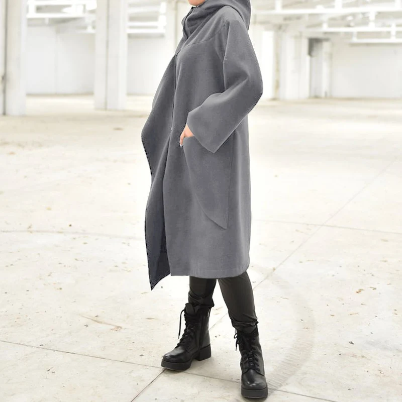 Женское пальто с капюшоном размера плюс женские длинные куртки на молнии с длинным рукавом Женская плиссированная однотонная Повседневная Свободная зимняя верхняя одежда