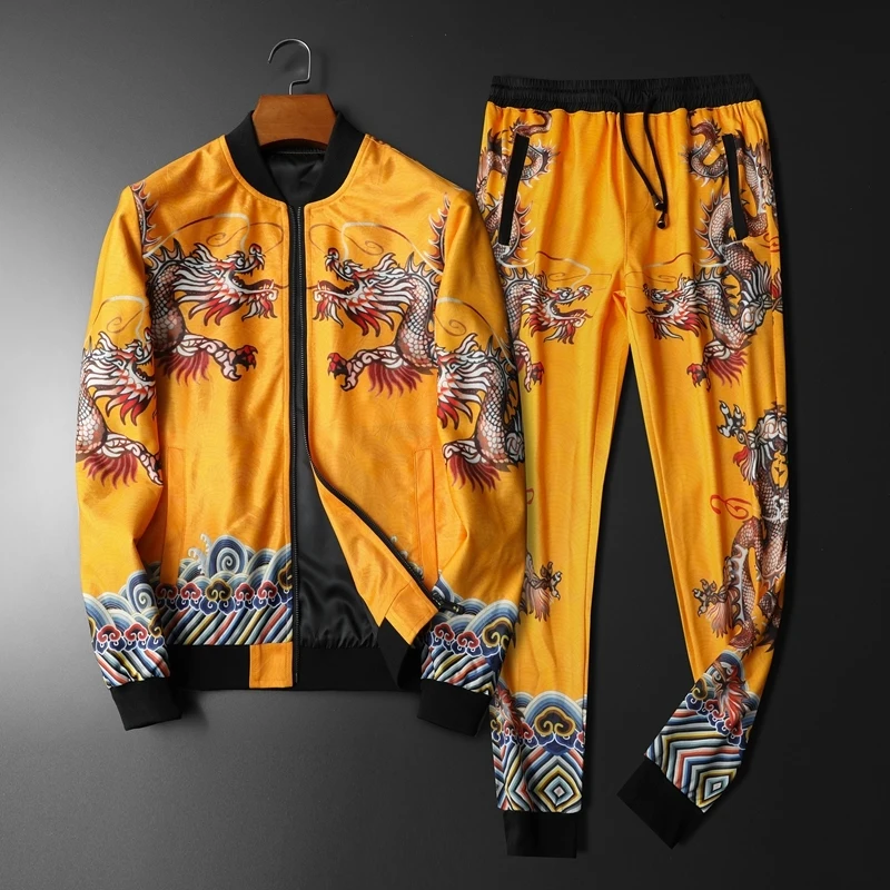 Роскошная Осенняя толстовка с золотым Драконом для мужчин Conjunto Deportivo Hombre Ensemble Homme дизайнерская модная мужская одежда(куртка+ штаны) 5xl