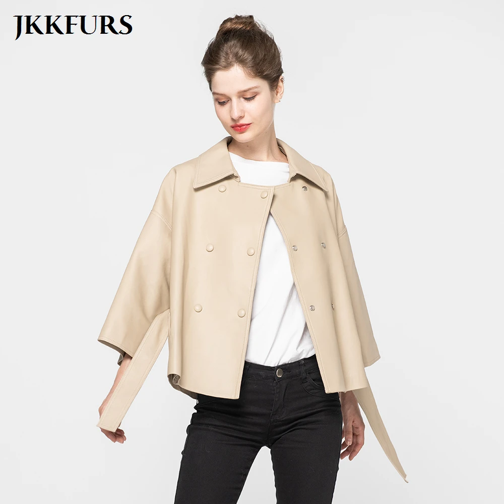 Женская новая Натуральная Овчина кожаная куртка с поясом модная дамская кожаная куртка короткий роскошный стиль S9031