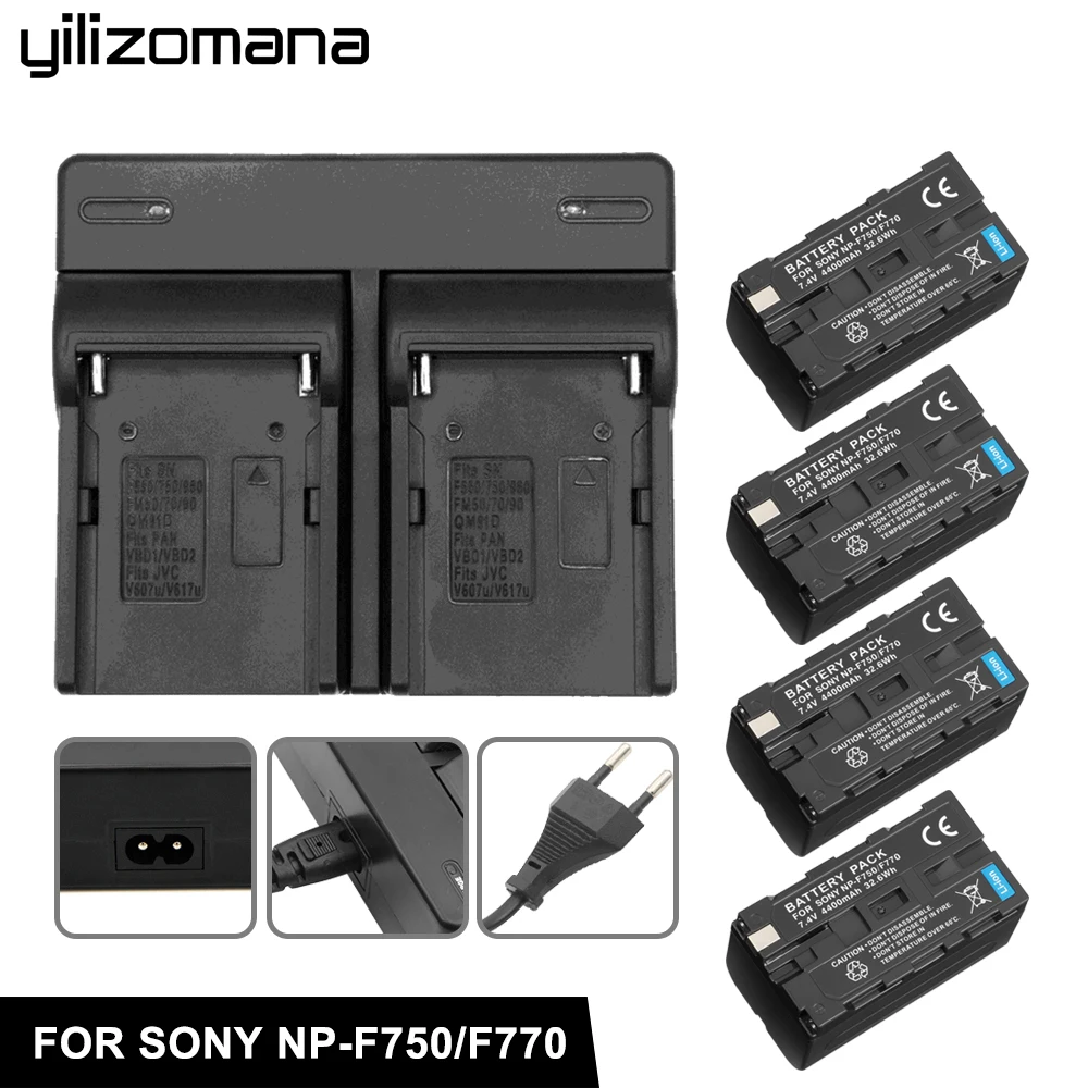 YILIZOMANA 4400 мА/ч, NP-F770 NP-F750 NP F770 np f750 NPF770 750 Камера батарейки для Sony NP-F550 NP-F770 NP-F750 F960 F970 - Color: Charger and 4Battery