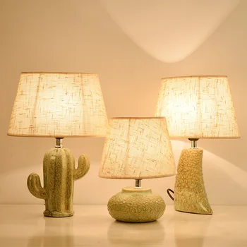

Nordic Cactus Ceramic Base Linen Lamp Shade Table Lamp American Living Room Studio Warm Led Bedroom Headlamp
