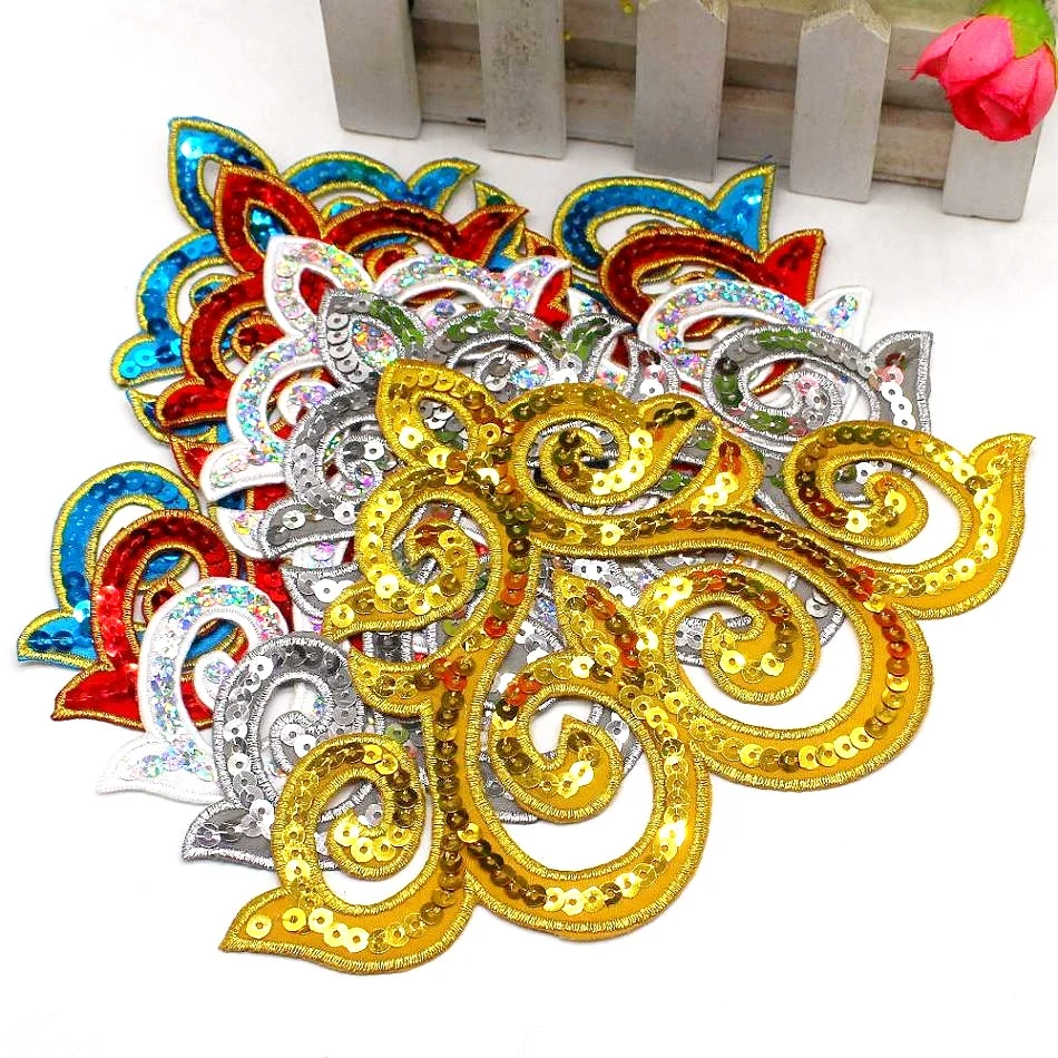 Sewing Patches Clothing Accessories Sequin Appliqued Gold Embroidery Patches Trims Iron on 1 Piece 13*19cm