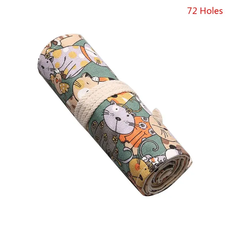 72 holes С рисунком кота из мультфильма, 12/24/36/48/72 отверстия холст РОЛИК ручка Шторы Карандаш сумка чехол для макияжа - Цвет: 72 holes