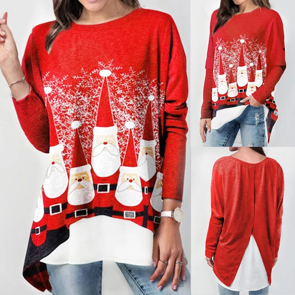 Рождественский женский свитер, модный, размера плюс, длинный рукав, Рождественский Санта Клаус, принт Fals, свободная рубашка, женский свитер, Рубашки, Топы