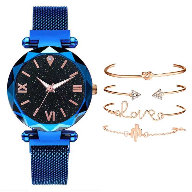 Women Watches Luxury Famous Brand Quartz Ladies Woman Watches Female Clock Lady Wrist Watch For Women's Wristwatch 5pcs Set - Color: Blue