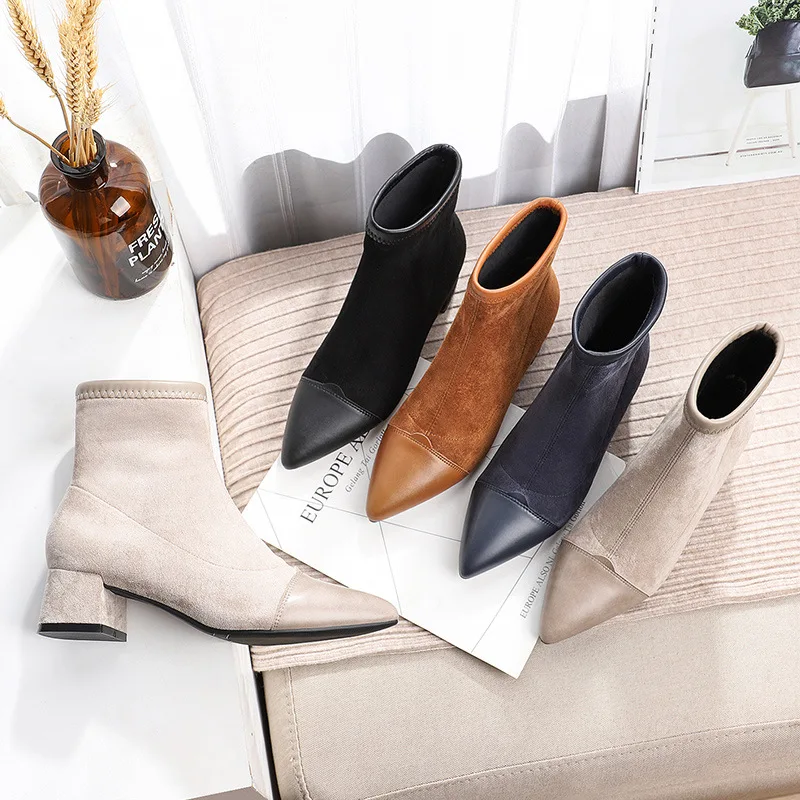 

Women Boots Ankle Short Boots Flock Pointed Toe Square Heels Winter Booties Woman 2019 Slip On Women Martin Boots Black Beige