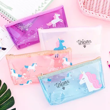 

Kawaii Cartoon Unicorn Transparent Pencil Case Cute Zipper Student Pen Bag Korean Stationery Office & School Supplies